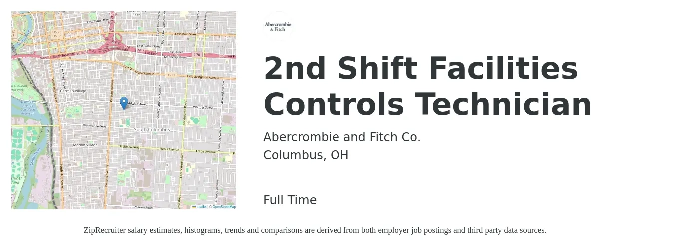 Abercrombie and Fitch Co. job posting for a 2nd Shift Facilities Controls Technician in Columbus, OH with a salary of $29 to $38 Hourly with a map of Columbus location.