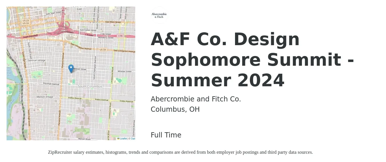 Abercrombie and Fitch Co. job posting for a A&F Co. Design Sophomore Summit - Summer 2024 in Columbus, OH with a salary of $14 to $22 Hourly with a map of Columbus location.