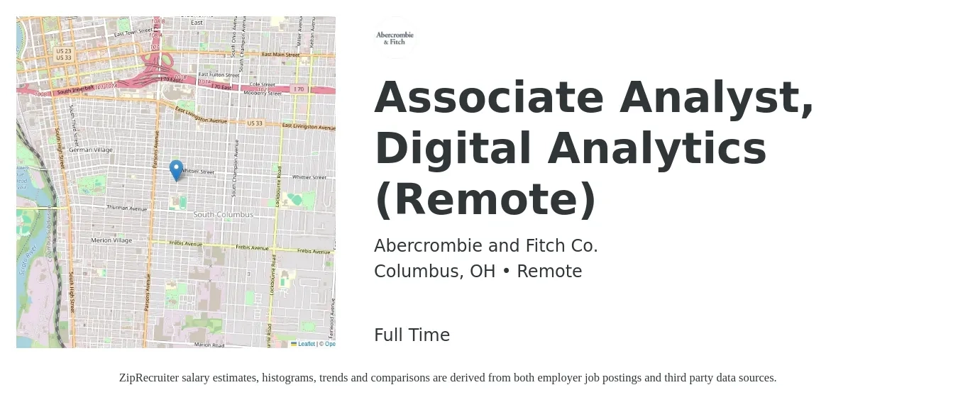 Abercrombie and Fitch Co. job posting for a Associate Analyst, Digital Analytics (Remote) in Columbus, OH with a salary of $5,520 to $6,480 Monthly with a map of Columbus location.