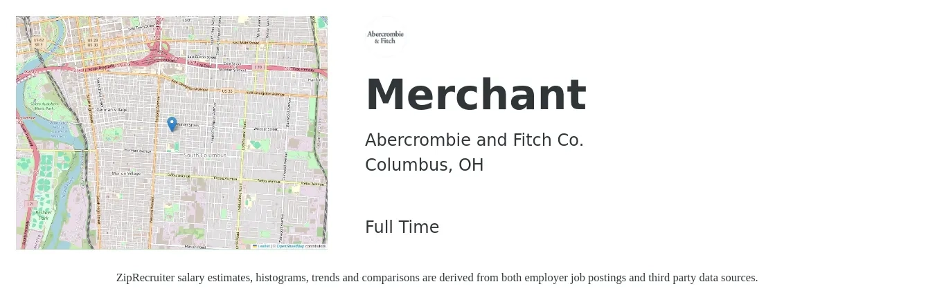 Abercrombie and Fitch Co. job posting for a Merchant in Columbus, OH with a salary of $16 to $19 Hourly with a map of Columbus location.