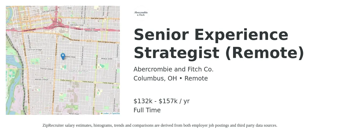 Abercrombie and Fitch Co. job posting for a Senior Experience Strategist (Remote) in Columbus, OH with a salary of $132,000 to $157,000 Yearly with a map of Columbus location.