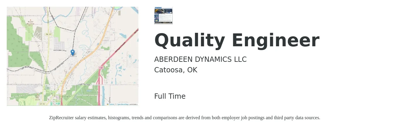 ABERDEEN DYNAMICS LLC job posting for a Quality Engineer in Catoosa, OK with a salary of $65,400 to $84,400 Yearly with a map of Catoosa location.