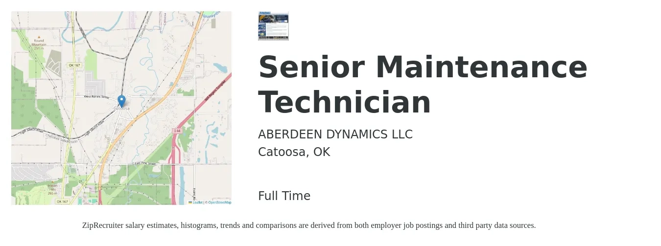 Aberdeen Dynamics job posting for a Senior Maintenance Technician in Catoosa, OK with a salary of $22 to $30 Hourly with a map of Catoosa location.