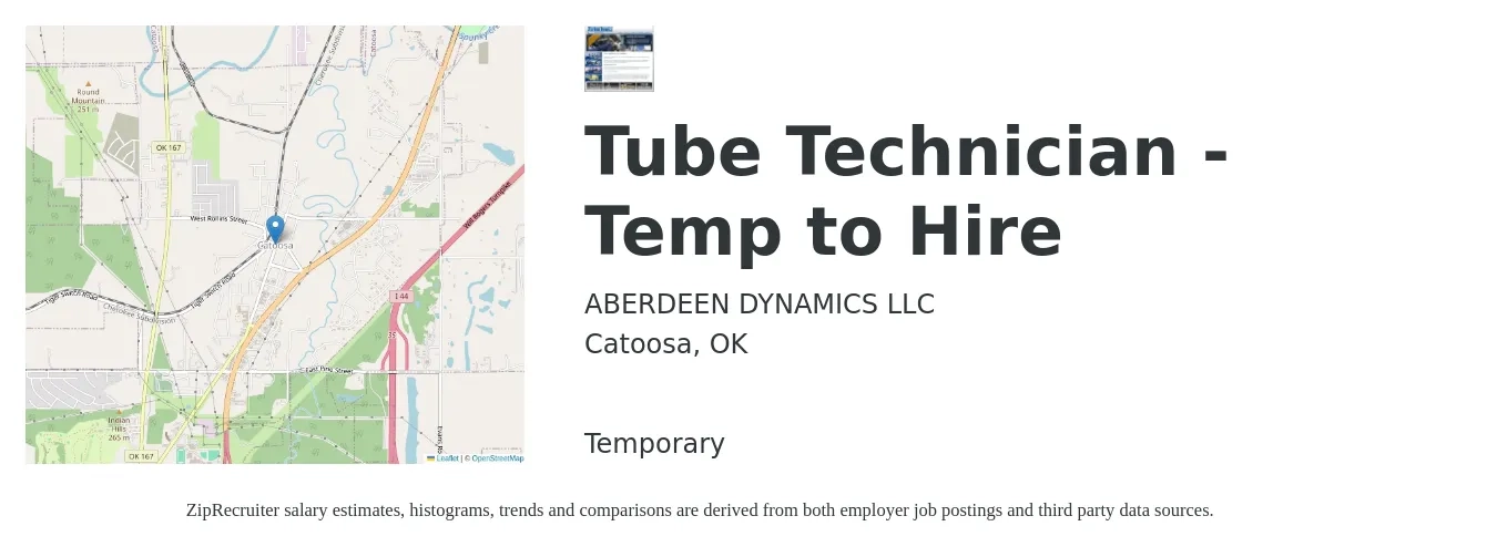 ABERDEEN DYNAMICS LLC job posting for a Tube Technician - Temp to Hire in Catoosa, OK with a salary of $14 to $20 Hourly with a map of Catoosa location.