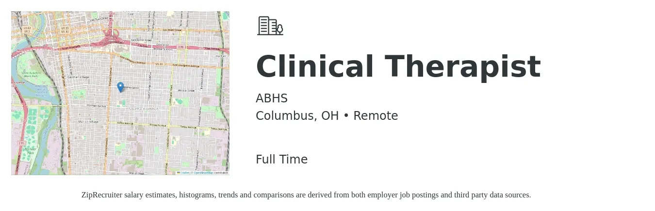 ABHS job posting for a Clinical Therapist in Columbus, OH with a salary of $57,500 to $77,300 Yearly with a map of Columbus location.