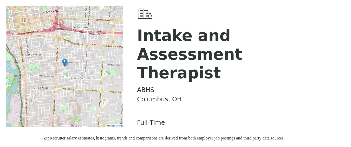 ABHS job posting for a Intake and Assessment Therapist in Columbus, OH with a salary of $36,200 to $41,500 Yearly with a map of Columbus location.