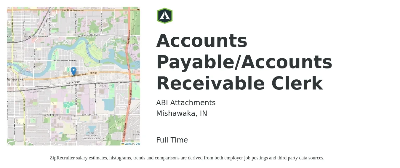 ABI Attachments job posting for a Accounts Payable/Accounts Receivable Clerk in Mishawaka, IN with a salary of $18 to $24 Hourly with a map of Mishawaka location.