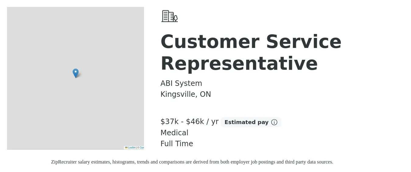ABI System job posting for a Customer Service Representative in Kingsville, ON with a salary of $37,000 to $46,000 Yearly and benefits including medical with a map of Kingsville location.