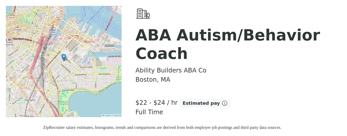 Ability Builders ABA Co job posting for a ABA Autism/Behavior Coach in Boston, MA with a salary of $23 to $25 Hourly with a map of Boston location.