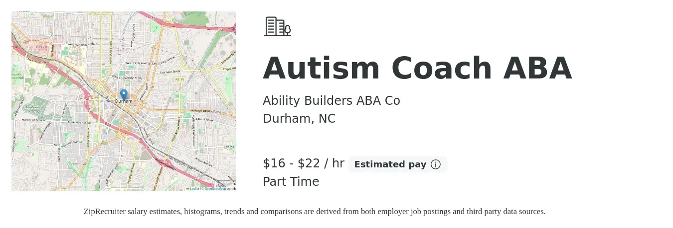 Ability Builders ABA Co job posting for a Autism Coach ABA in Durham, NC with a salary of $17 to $23 Hourly with a map of Durham location.