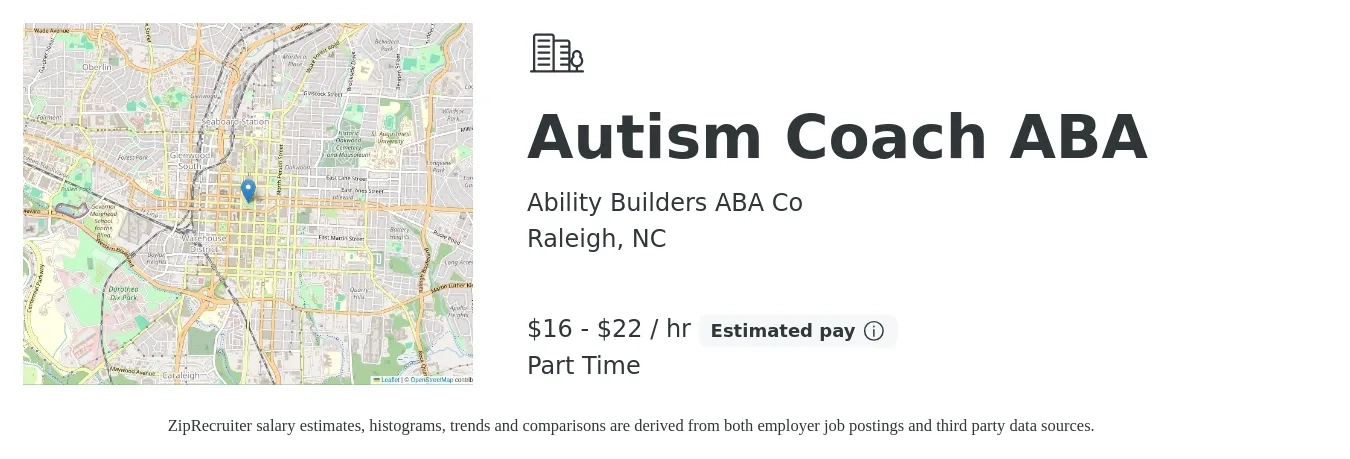 Ability Builders ABA Co job posting for a Autism Coach ABA in Raleigh, NC with a salary of $17 to $23 Hourly with a map of Raleigh location.