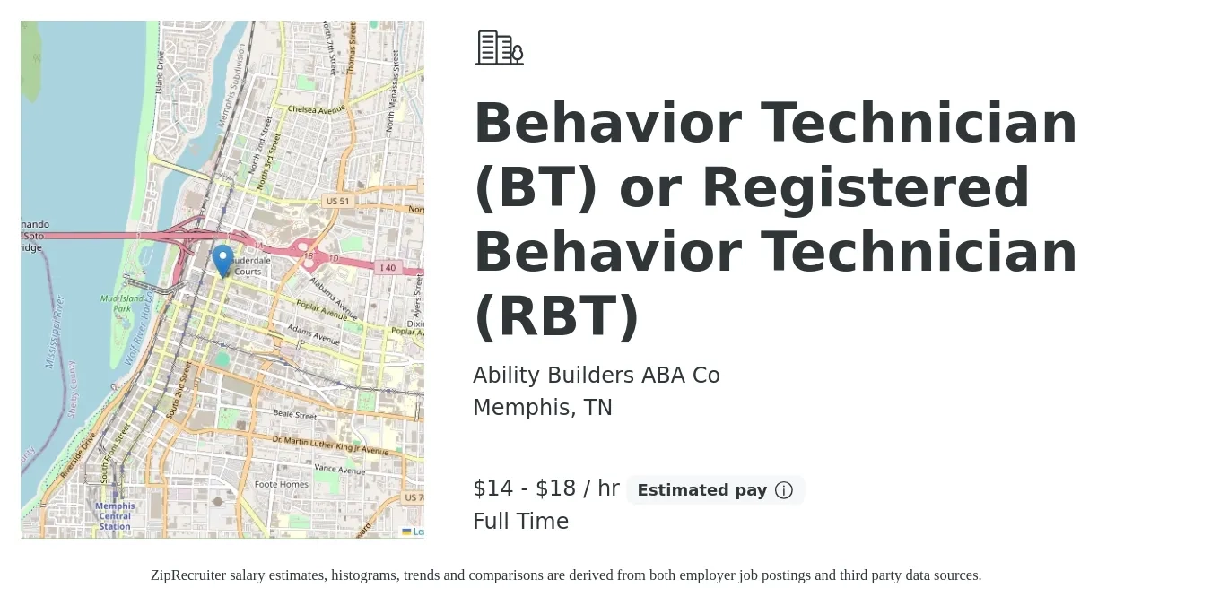 Ability Builders ABA Co job posting for a Behavior Technician (BT) or Registered Behavior Technician (RBT) in Memphis, TN with a salary of $15 to $19 Hourly with a map of Memphis location.