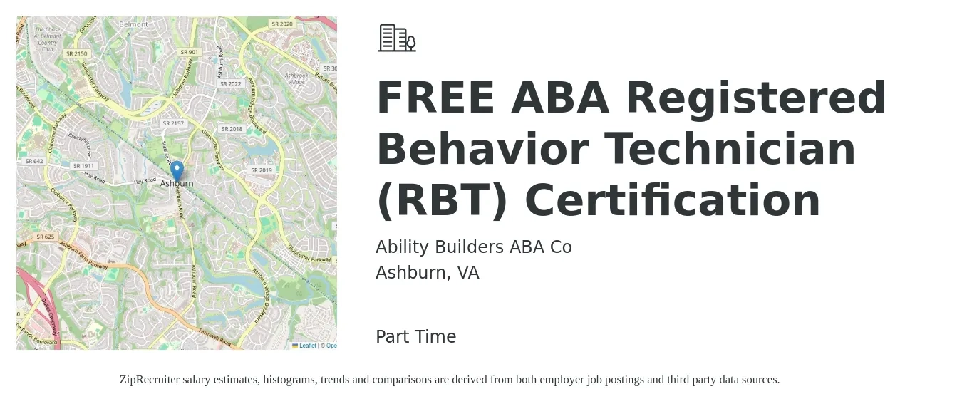 Ability Builders ABA Co job posting for a FREE ABA Registered Behavior Technician (RBT) Certification in Ashburn, VA with a salary of $19 to $24 Hourly with a map of Ashburn location.