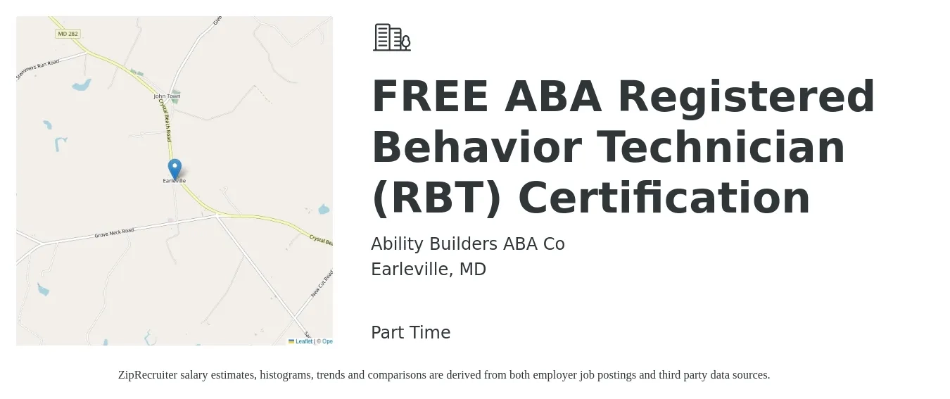 Ability Builders ABA Co job posting for a FREE ABA Registered Behavior Technician (RBT) Certification in Earleville, MD with a salary of $18 to $23 Hourly with a map of Earleville location.