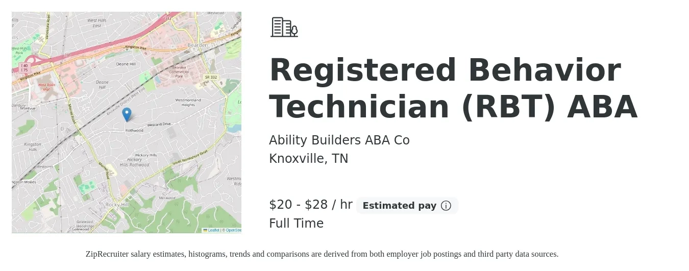 Ability Builders ABA Co job posting for a Registered Behavior Technician (RBT) ABA in Knoxville, TN with a salary of $21 to $30 Hourly with a map of Knoxville location.