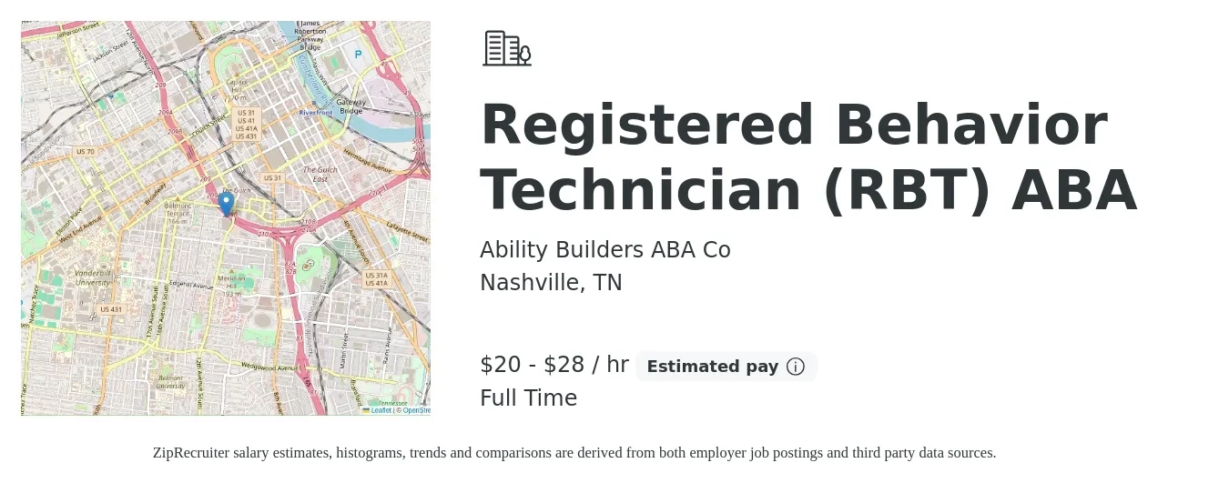 Ability Builders ABA Co job posting for a Registered Behavior Technician (RBT) ABA in Nashville, TN with a salary of $21 to $30 Hourly with a map of Nashville location.