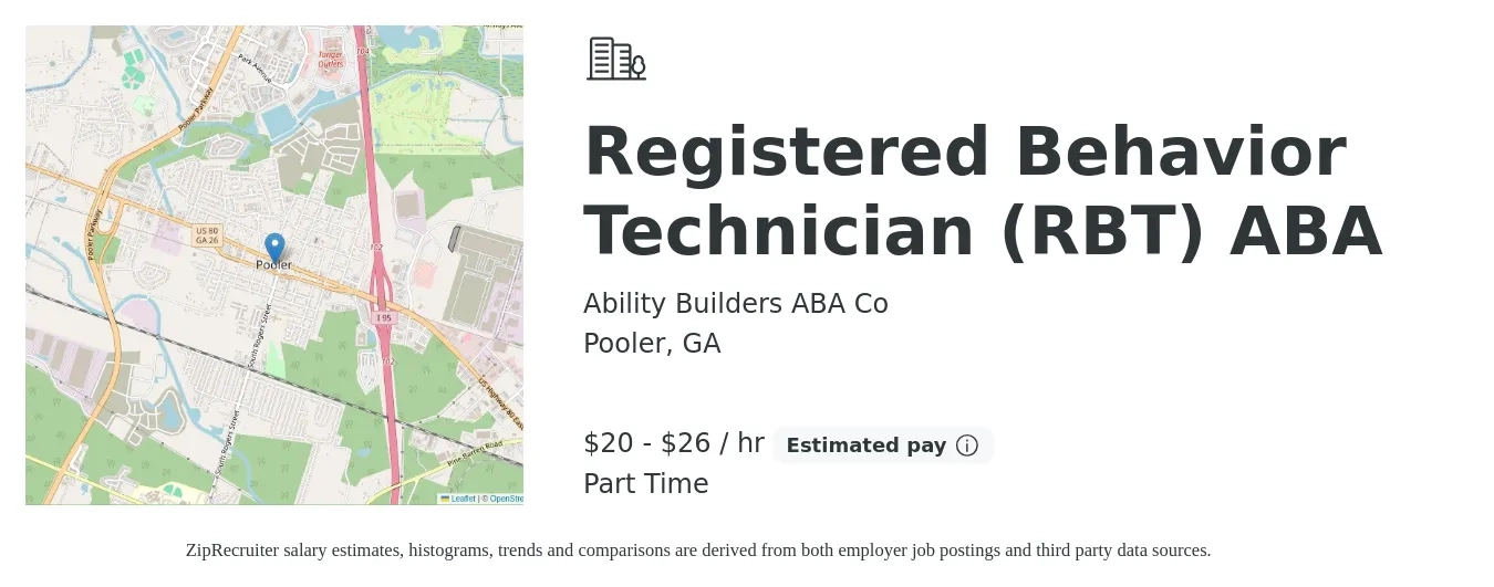 Ability Builders ABA Co job posting for a Registered Behavior Technician (RBT) ABA in Pooler, GA with a salary of $21 to $28 Hourly with a map of Pooler location.