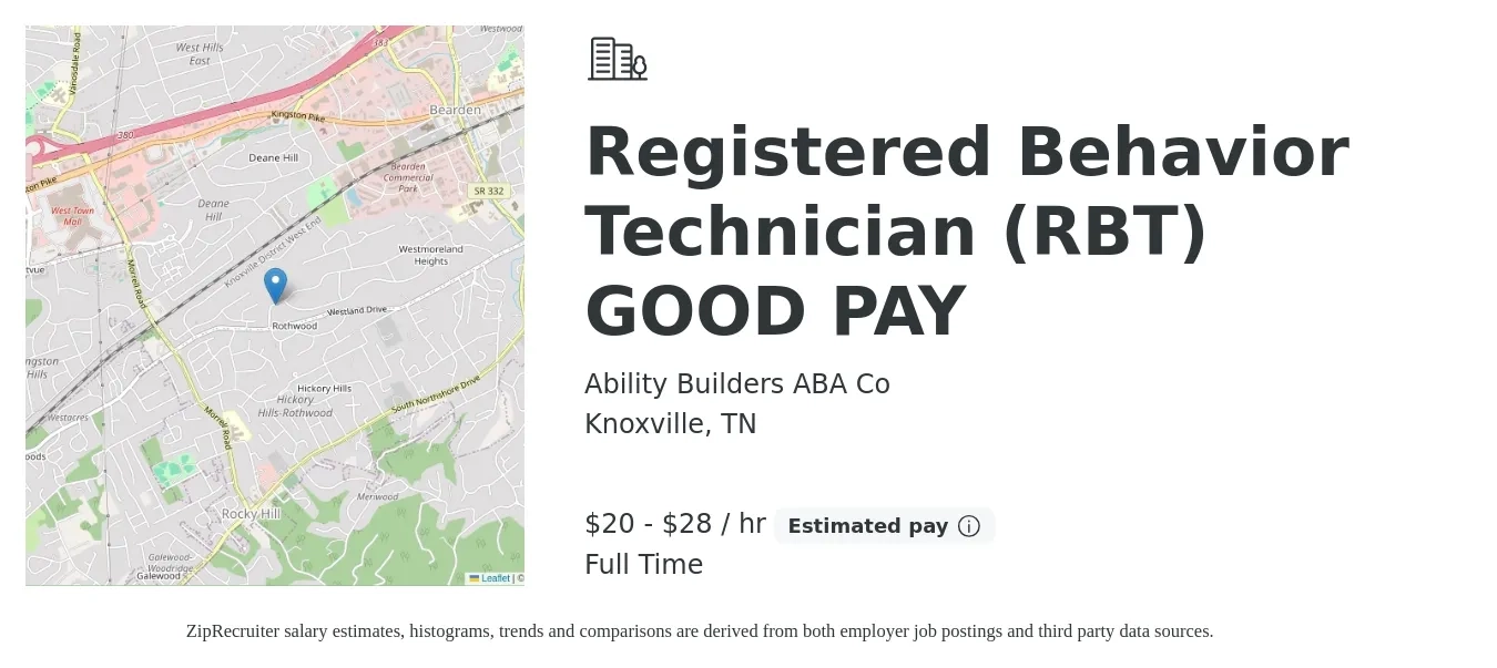Ability Builders ABA Co job posting for a Registered Behavior Technician (RBT) GOOD PAY in Knoxville, TN with a salary of $21 to $30 Hourly with a map of Knoxville location.