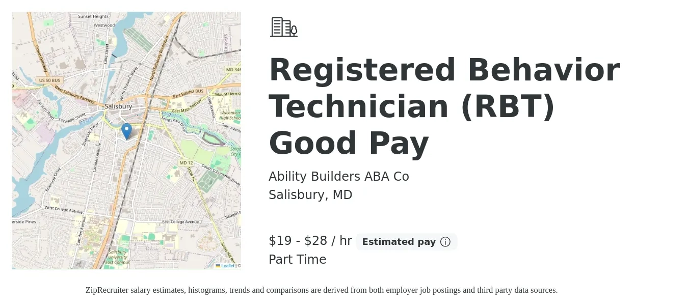 Ability Builders ABA Co job posting for a Registered Behavior Technician (RBT) GOOD PAY in Salisbury, MD with a salary of $22 to $30 Hourly with a map of Salisbury location.