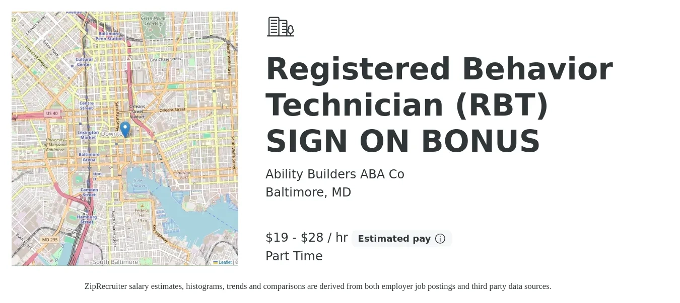 Ability Builders ABA Co job posting for a Registered Behavior Technician (RBT) SIGN ON BONUS in Baltimore, MD with a salary of $20 to $30 Hourly with a map of Baltimore location.