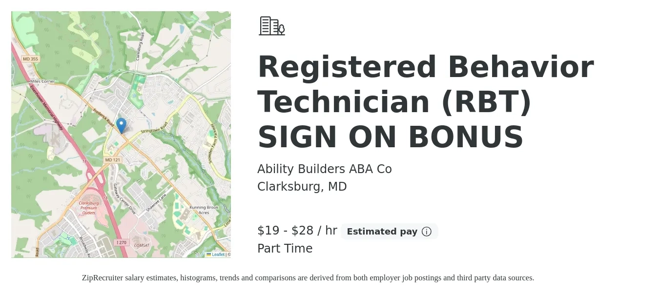 Ability Builders ABA Co job posting for a Registered Behavior Technician (RBT) SIGN ON BONUS in Clarksburg, MD with a salary of $20 to $30 Hourly with a map of Clarksburg location.
