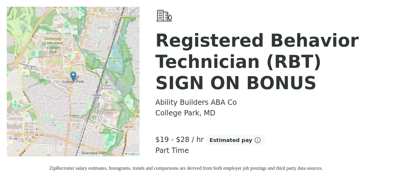 Ability Builders ABA Co job posting for a Registered Behavior Technician (RBT) SIGN ON BONUS in College Park, MD with a salary of $20 to $30 Hourly with a map of College Park location.
