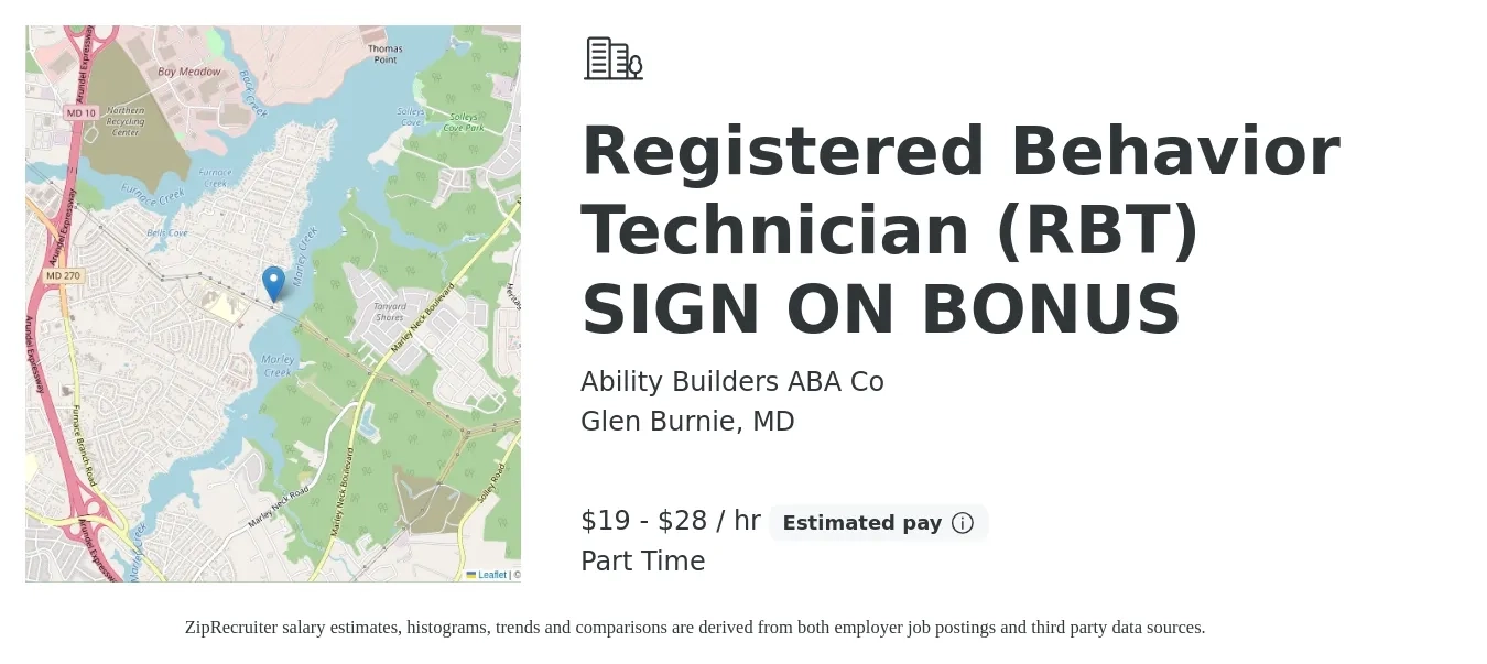 Ability Builders ABA Co job posting for a Registered Behavior Technician (RBT) SIGN ON BONUS in Glen Burnie, MD with a salary of $20 to $30 Hourly with a map of Glen Burnie location.