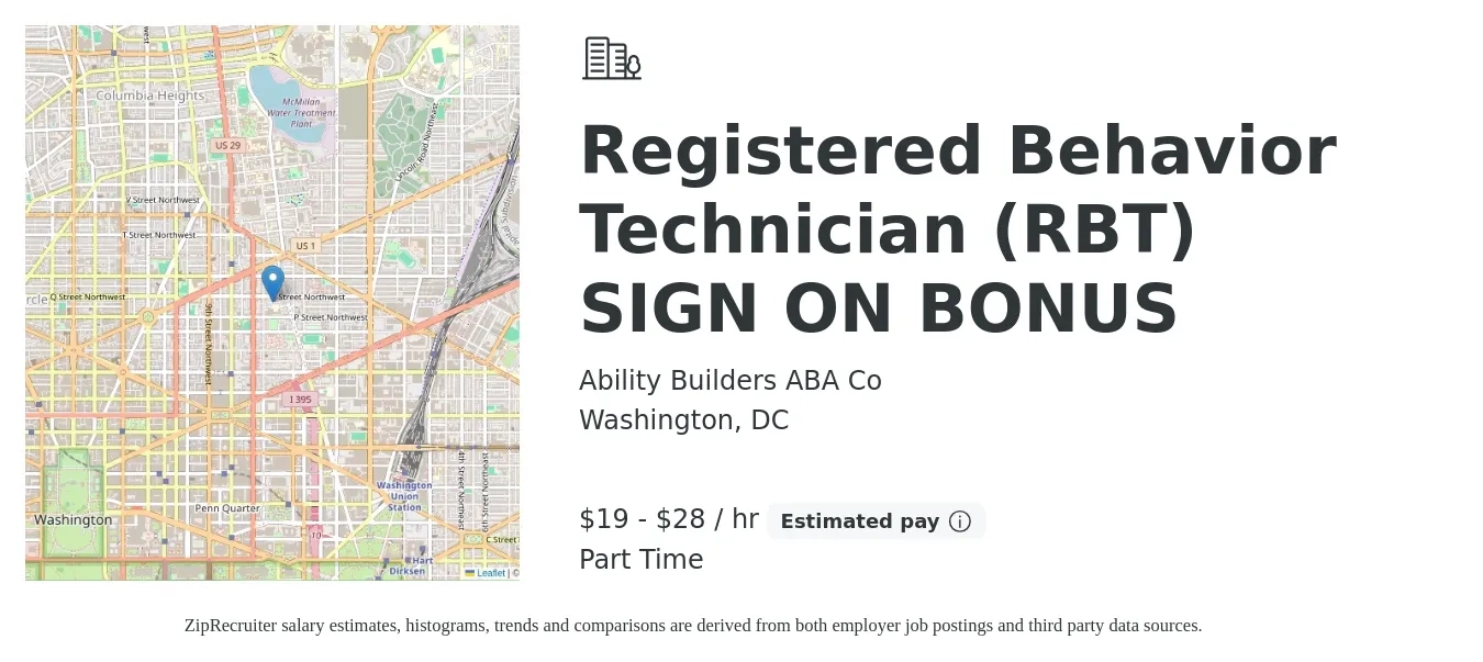Ability Builders ABA Co job posting for a Registered Behavior Technician (RBT) SIGN ON BONUS in Washington, DC with a salary of $20 to $30 Hourly with a map of Washington location.