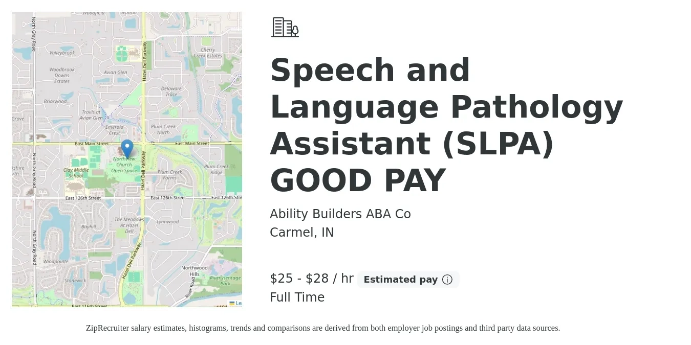 Ability Builders ABA Co job posting for a Speech and Language Pathology Assistant (SLPA) GOOD PAY in Carmel, IN with a salary of $26 to $30 Hourly with a map of Carmel location.