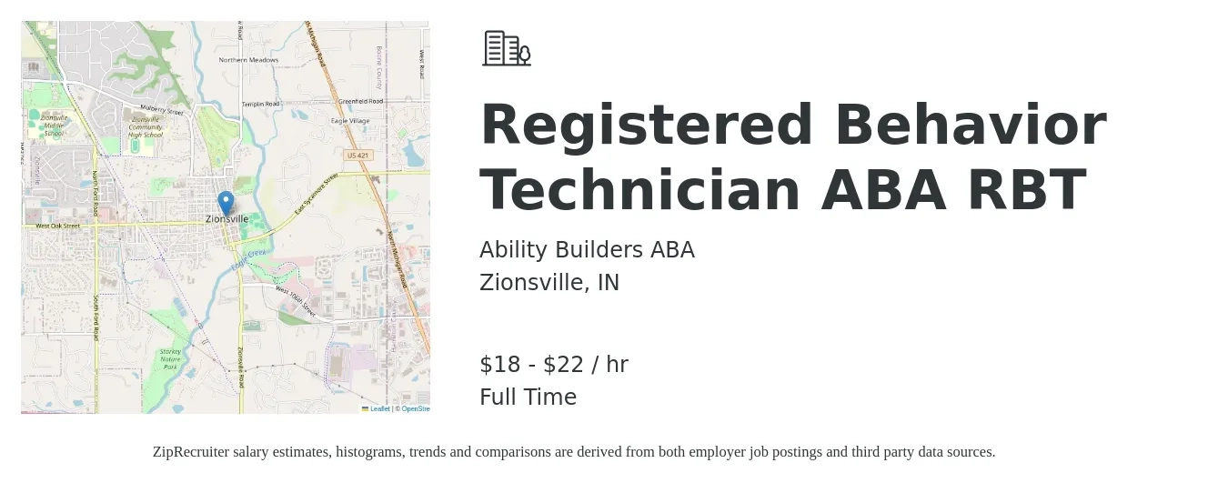 Ability Builders ABA job posting for a Registered Behavior Technician ABA RBT in Zionsville, IN with a salary of $19 to $23 Hourly with a map of Zionsville location.