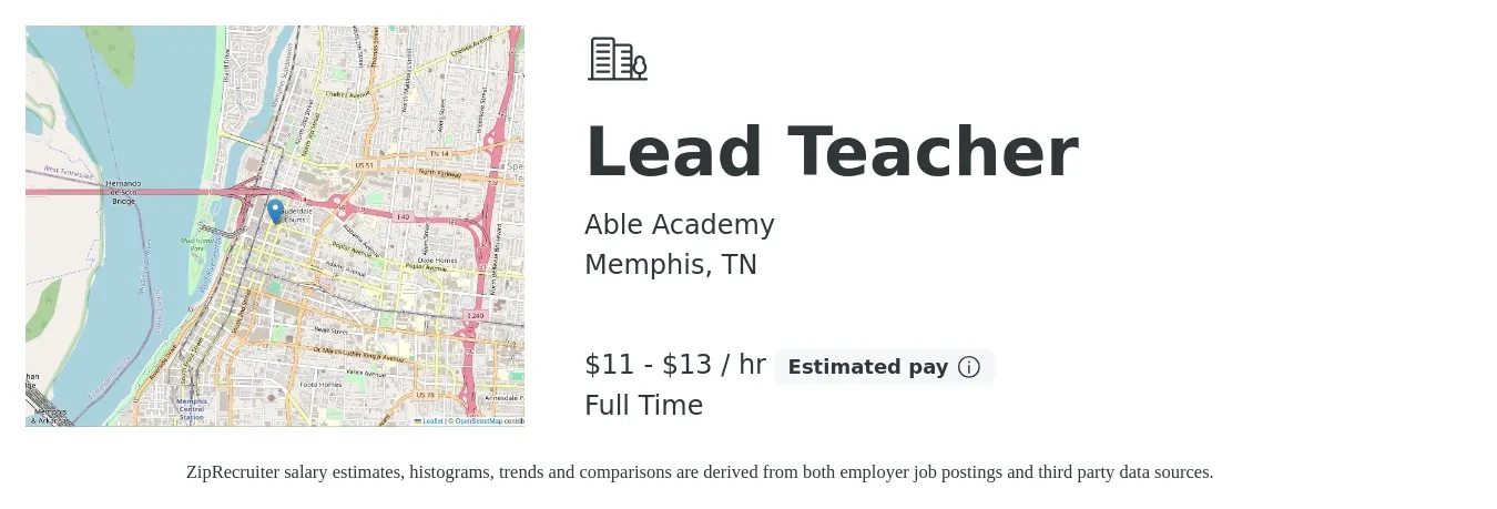 Able Academy job posting for a Lead Teacher in Memphis, TN with a salary of $12 to $14 Hourly with a map of Memphis location.
