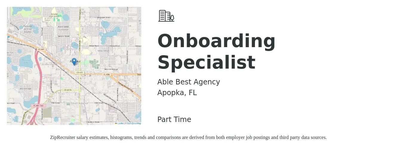 Able Best Agency job posting for a Onboarding Specialist in Apopka, FL with a salary of $17 to $26 Hourly with a map of Apopka location.