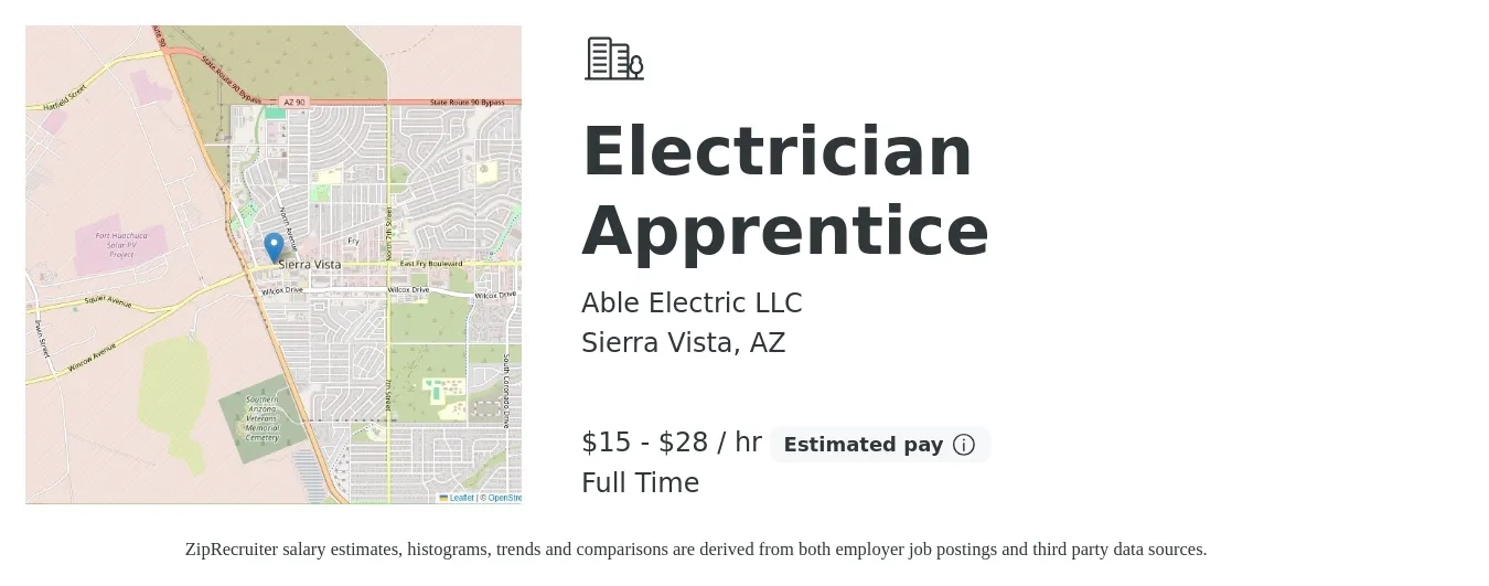 Able Electric LLC job posting for a Electrician Apprentice in Sierra Vista, AZ with a salary of $16 to $30 Hourly with a map of Sierra Vista location.