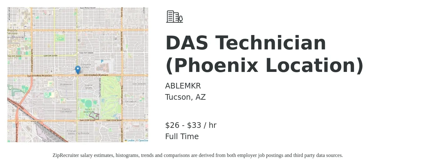 ABLEMKR job posting for a DAS Technician (Phoenix Location) in Tucson, AZ with a salary of $28 to $35 Hourly with a map of Tucson location.