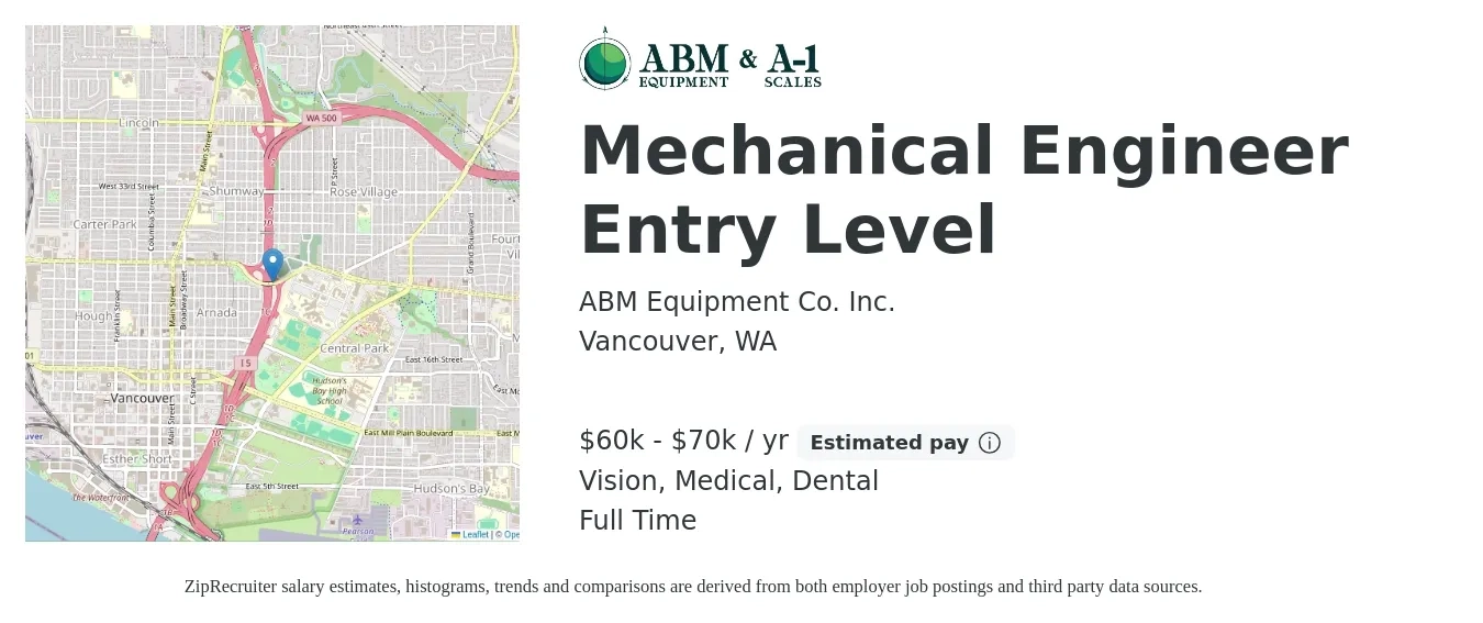 ABM Equipment Co. Inc. job posting for a Mechanical Engineer Entry Level in Vancouver, WA with a salary of $60,000 to $70,000 Yearly and benefits including dental, life_insurance, medical, retirement, and vision with a map of Vancouver location.