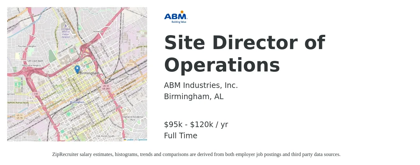ABM Industries, Inc. job posting for a Site Director of Operations in Birmingham, AL with a salary of $95,000 to $120,000 Yearly with a map of Birmingham location.