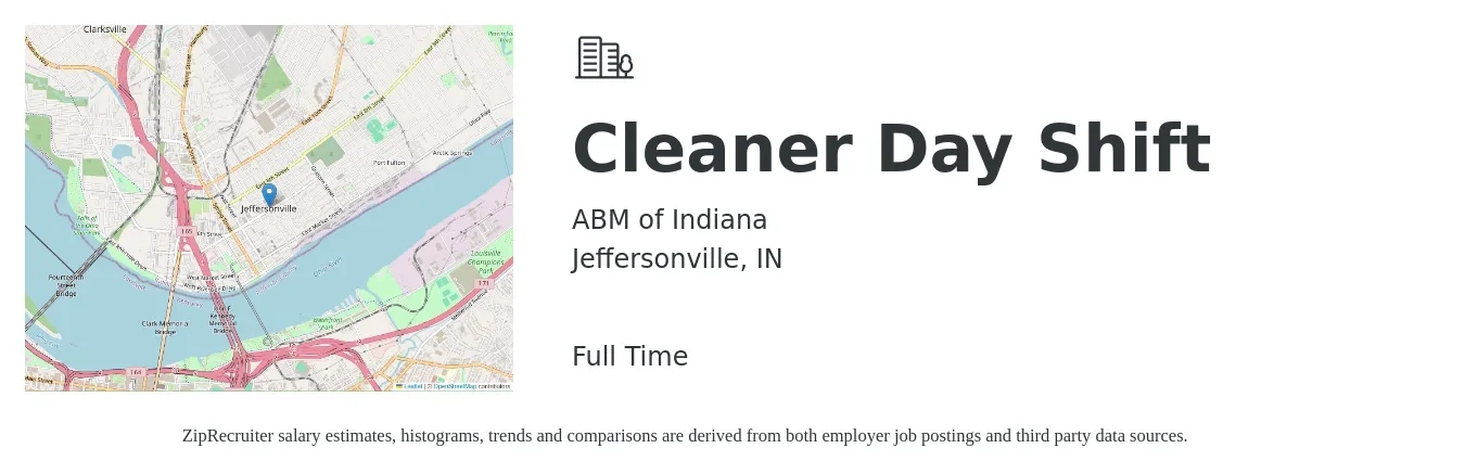 ABM of Indiana job posting for a Cleaner Day Shift in Jeffersonville, IN with a salary of $14 to $16 Hourly with a map of Jeffersonville location.