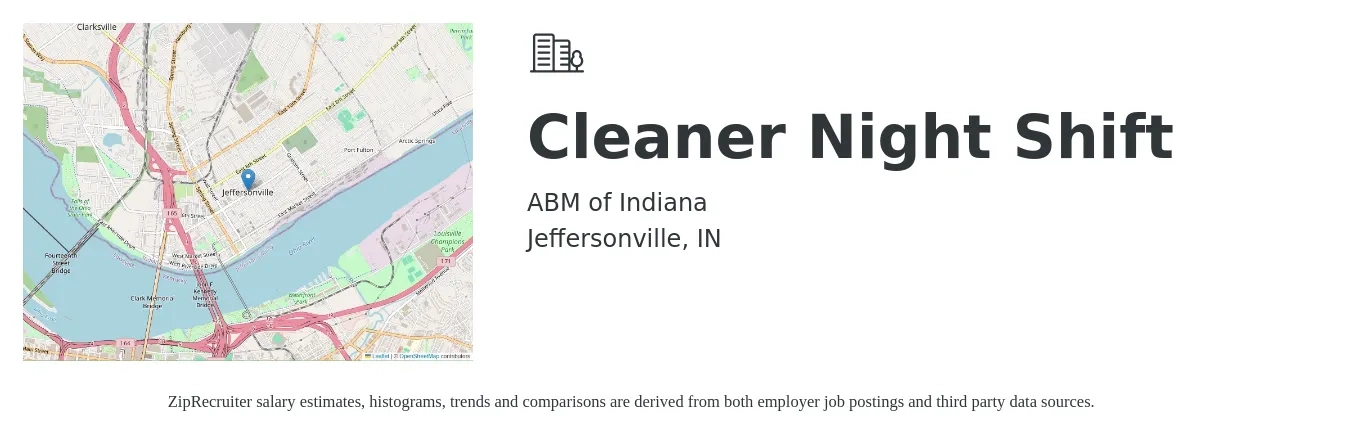 ABM of Indiana job posting for a Cleaner Night Shift in Jeffersonville, IN with a salary of $14 to $16 Hourly with a map of Jeffersonville location.