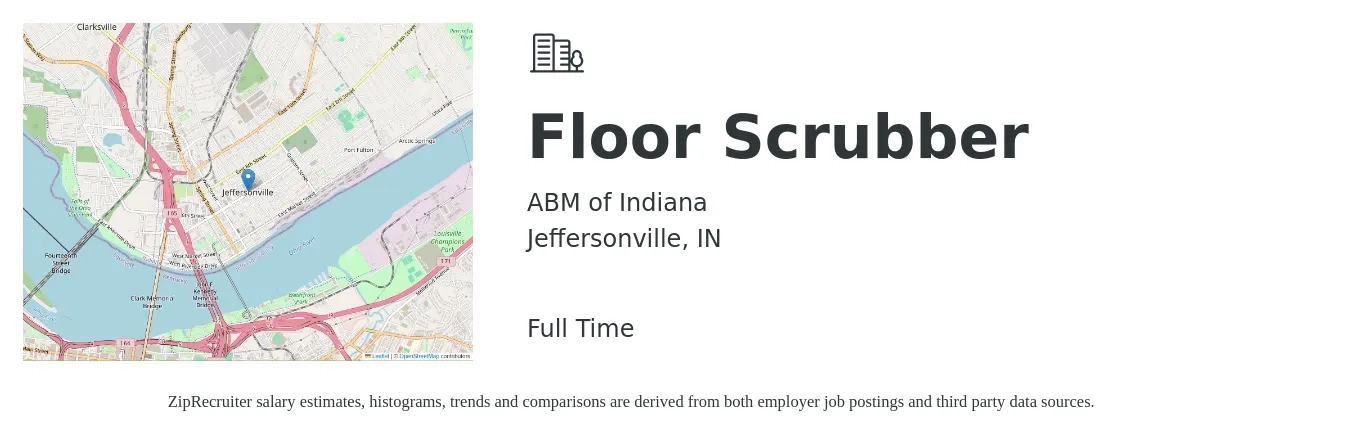 ABM of Indiana job posting for a Floor Scrubber in Jeffersonville, IN with a salary of $14 to $18 Hourly with a map of Jeffersonville location.