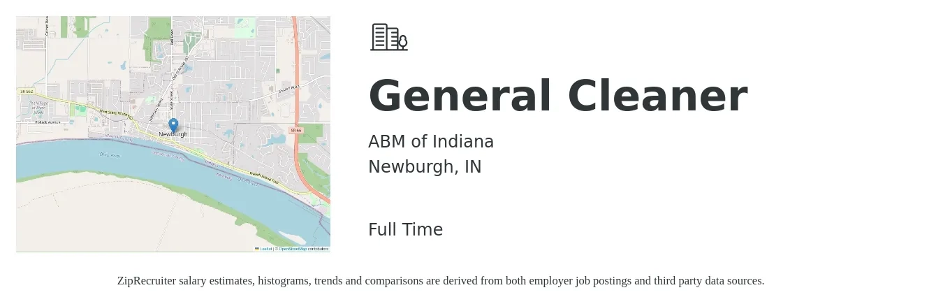 ABM of Indiana job posting for a General Cleaner in Newburgh, IN with a salary of $13 to $16 Hourly with a map of Newburgh location.