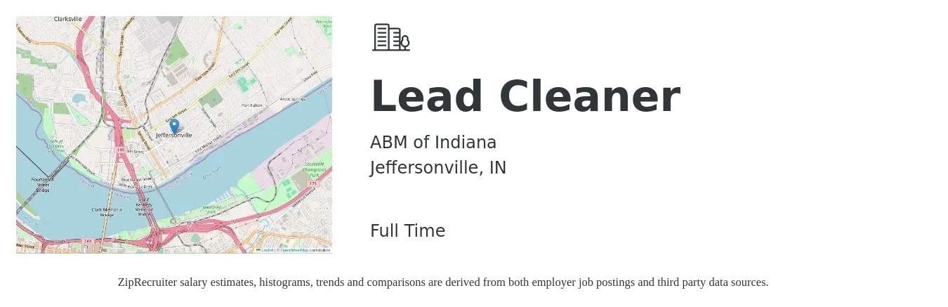 ABM of Indiana job posting for a Lead Cleaner in Jeffersonville, IN with a salary of $14 to $16 Hourly with a map of Jeffersonville location.