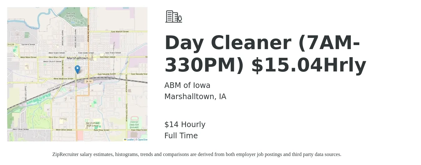 ABM of Iowa job posting for a Day Cleaner (7AM-330PM) $15.04Hrly in Marshalltown, IA with a salary of $15 Hourly with a map of Marshalltown location.