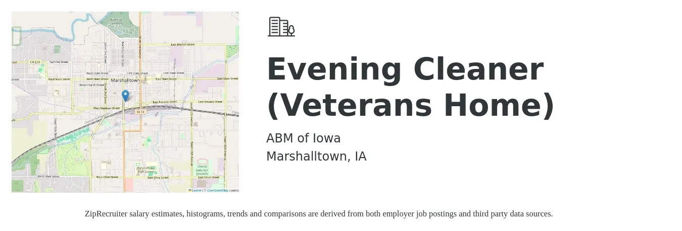 ABM of Iowa job posting for a Evening Cleaner (Veterans Home) in Marshalltown, IA with a salary of $13 to $15 Hourly with a map of Marshalltown location.