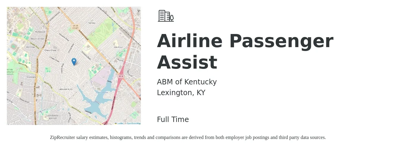 ABM of Kentucky job posting for a Airline Passenger Assist in Lexington, KY with a salary of $15 to $19 Hourly with a map of Lexington location.