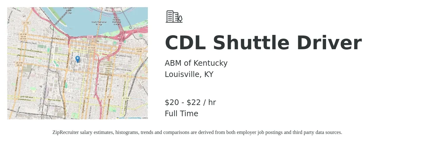 ABM of Kentucky job posting for a CDL Shuttle Driver in Louisville, KY with a salary of $22 to $23 Hourly with a map of Louisville location.