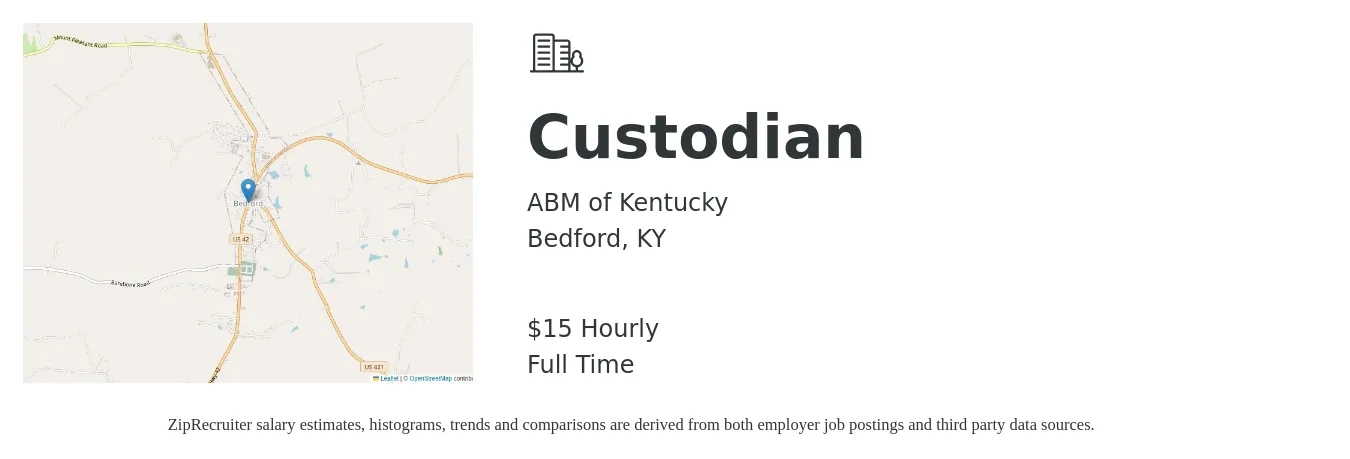 ABM of Kentucky job posting for a Custodian in Bedford, KY with a salary of $16 Hourly with a map of Bedford location.