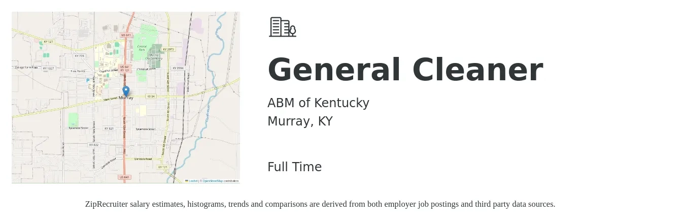 ABM of Kentucky job posting for a General Cleaner in Murray, KY with a salary of $12 to $14 Hourly with a map of Murray location.
