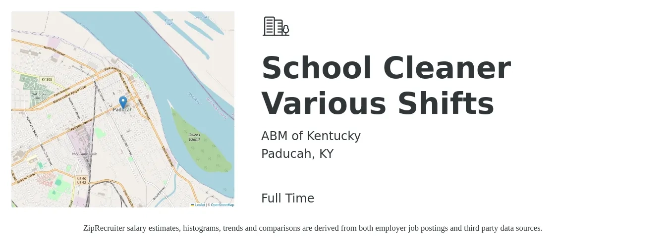 ABM of Kentucky job posting for a School Cleaner Various Shifts in Paducah, KY with a salary of $14 to $16 Hourly with a map of Paducah location.