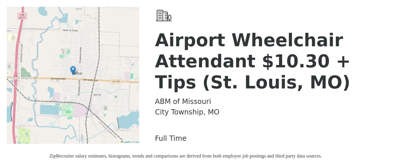 ABM of Missouri job posting for a Airport Wheelchair Attendant $10.30 + Tips (St. Louis, MO) in City Township, MO with a salary of $13 to $17 Hourly with a map of City Township location.
