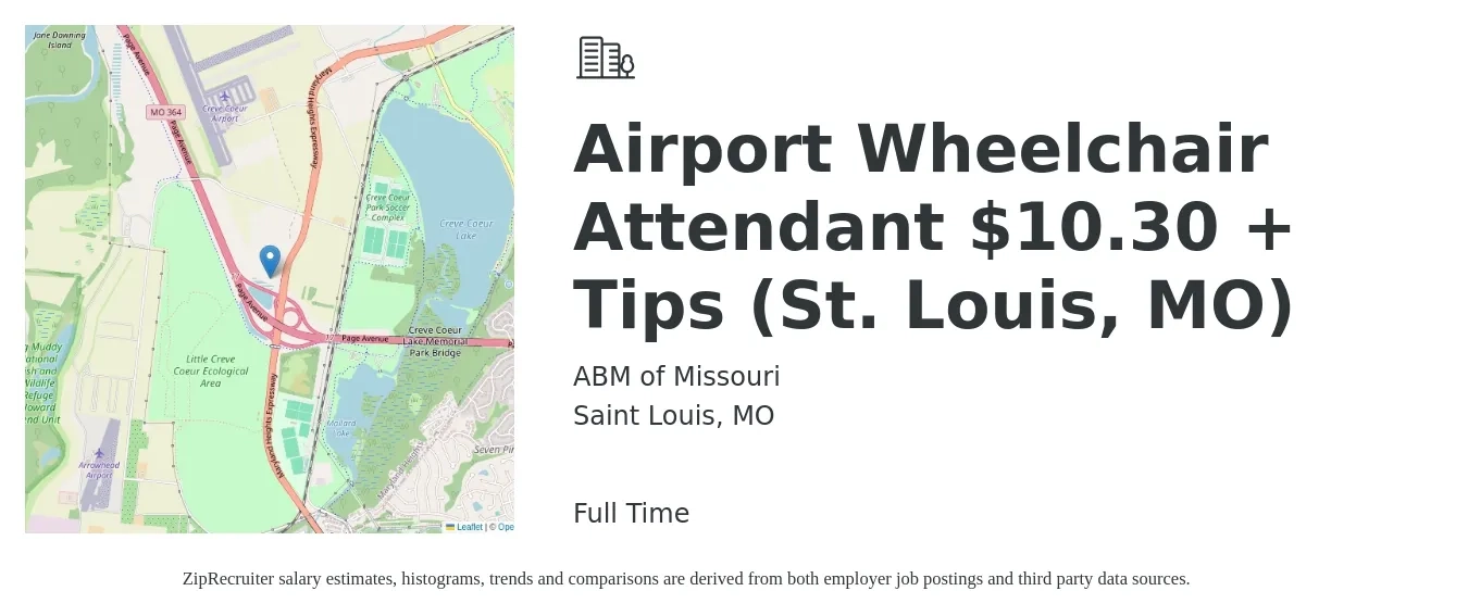 ABM of Missouri job posting for a Airport Wheelchair Attendant $10.30 + Tips (St. Louis, MO) in Saint Louis, MO with a salary of $14 to $18 Hourly with a map of Saint Louis location.